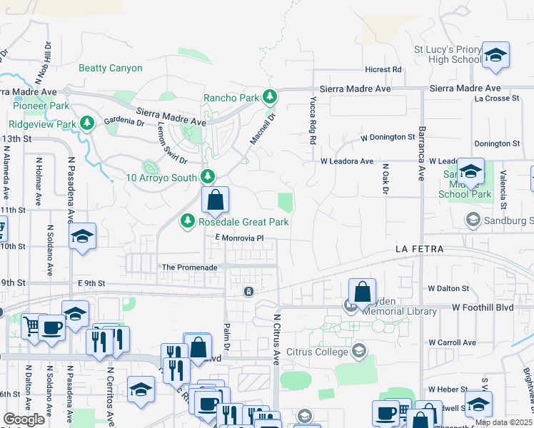 map of restaurants, bars, coffee shops, grocery stores, and more near 878 East Manresa Drive in Azusa