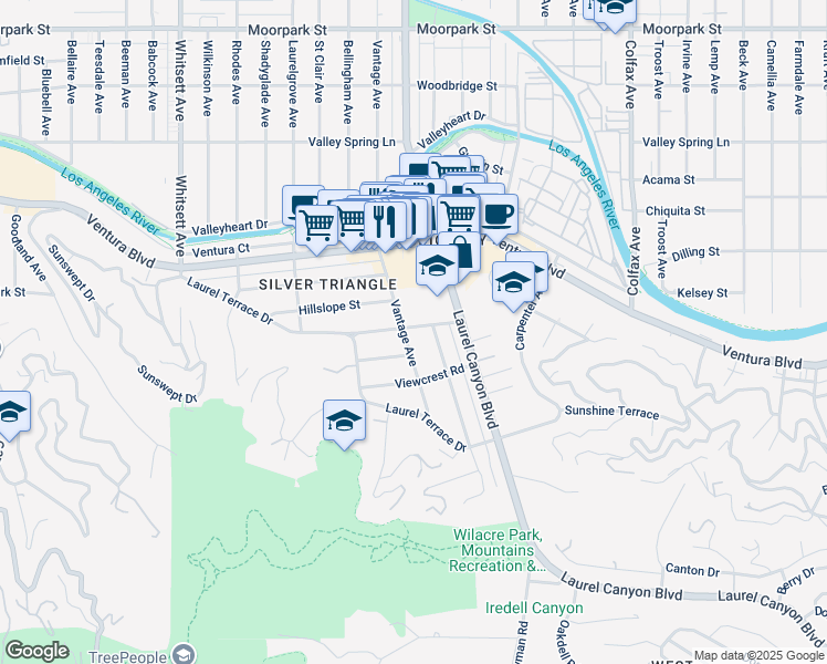map of restaurants, bars, coffee shops, grocery stores, and more near 3856 Vantage Avenue in Los Angeles