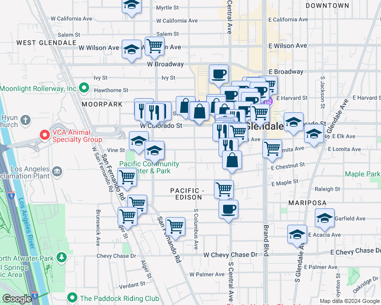 map of restaurants, bars, coffee shops, grocery stores, and more near 406 Vine Street in Glendale