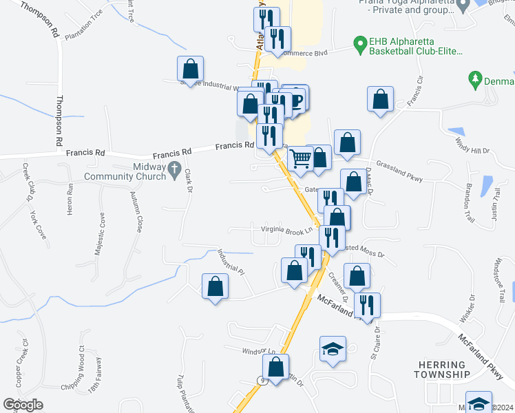 map of restaurants, bars, coffee shops, grocery stores, and more near 5878 Atlanta Highway in Alpharetta
