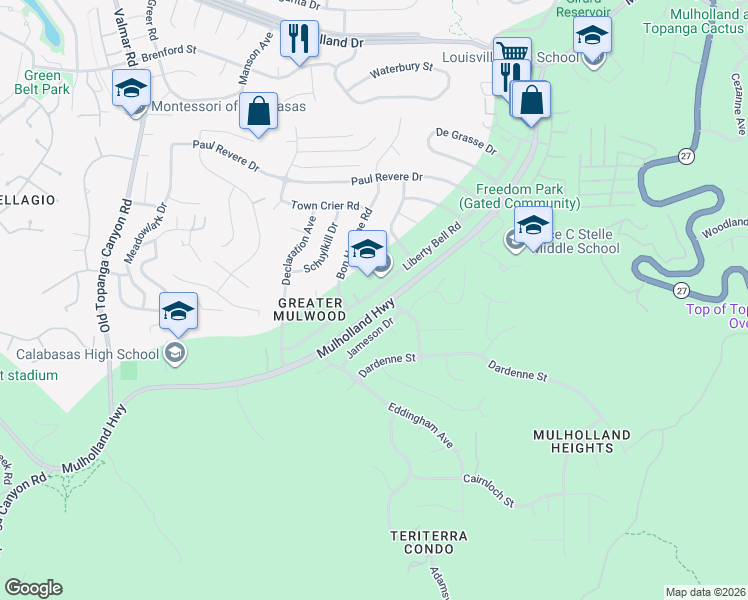 map of restaurants, bars, coffee shops, grocery stores, and more near 22624 Liberty Bell Road in Calabasas