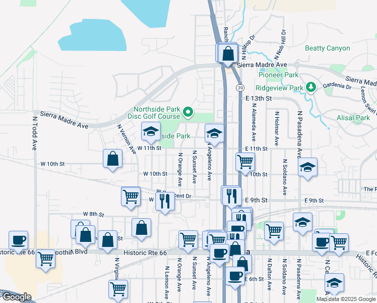 map of restaurants, bars, coffee shops, grocery stores, and more near 424 West 11th Street in Azusa