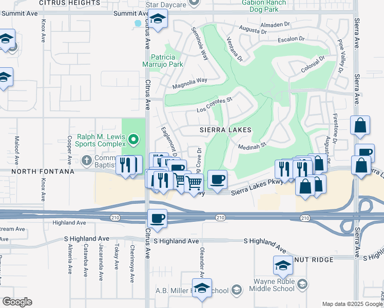 map of restaurants, bars, coffee shops, grocery stores, and more near 16272 Whirlwind Lane in Fontana