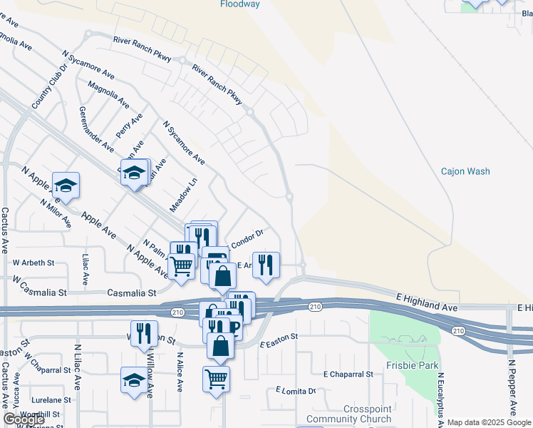 map of restaurants, bars, coffee shops, grocery stores, and more near 2257 North Sycamore Avenue in Rialto