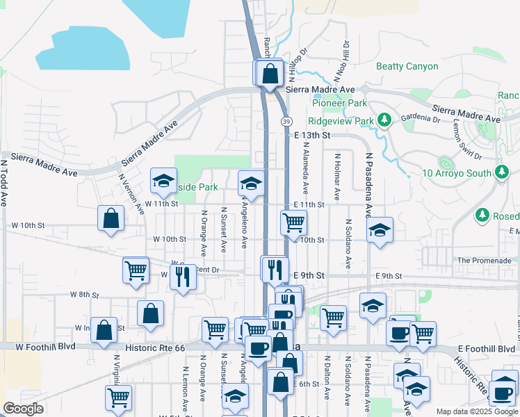 map of restaurants, bars, coffee shops, grocery stores, and more near 1027 North San Gabriel Avenue in Azusa