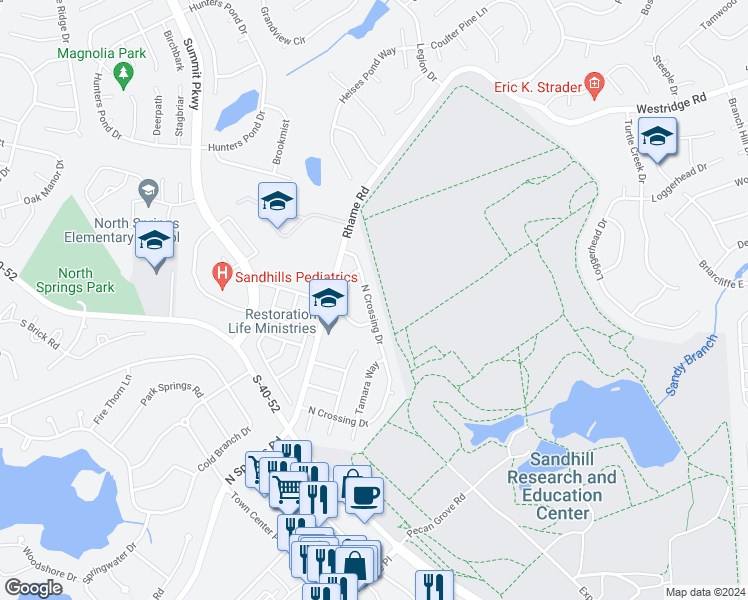 map of restaurants, bars, coffee shops, grocery stores, and more near 512 North Crossing Drive in Columbia
