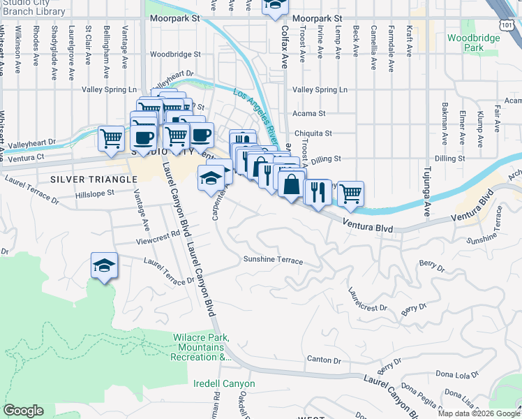 map of restaurants, bars, coffee shops, grocery stores, and more near 11785 Laurelwood Drive in Los Angeles