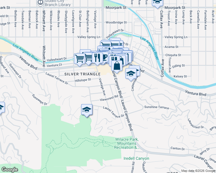 map of restaurants, bars, coffee shops, grocery stores, and more near 3822 Mound View Avenue in Los Angeles