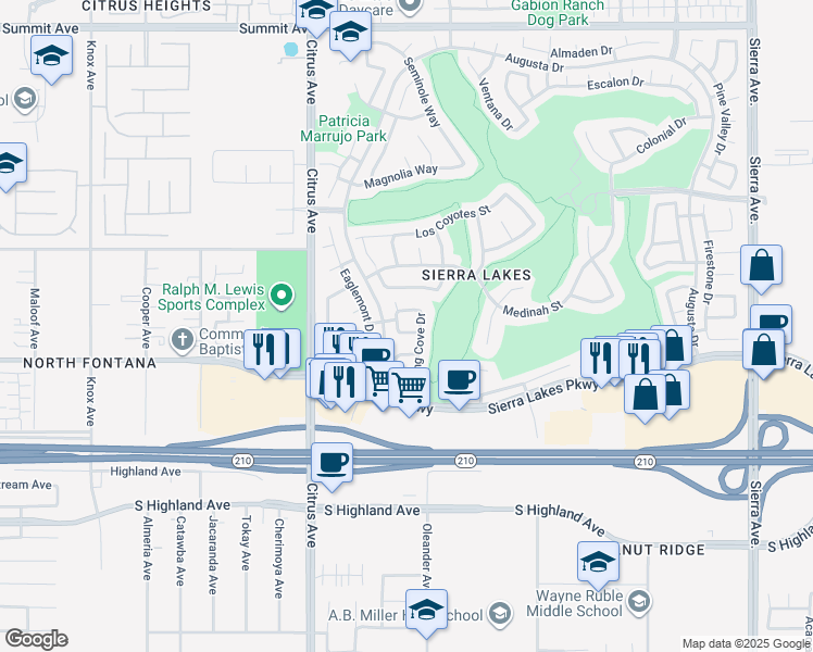 map of restaurants, bars, coffee shops, grocery stores, and more near 16272 Whirlwind Lane in Fontana