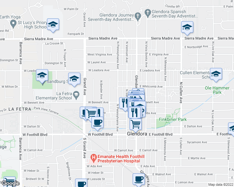 map of restaurants, bars, coffee shops, grocery stores, and more near 327 North Pennsylvania Avenue in Glendora