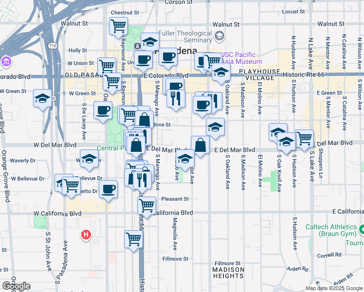 map of restaurants, bars, coffee shops, grocery stores, and more near 317 East Del Mar Boulevard in Pasadena