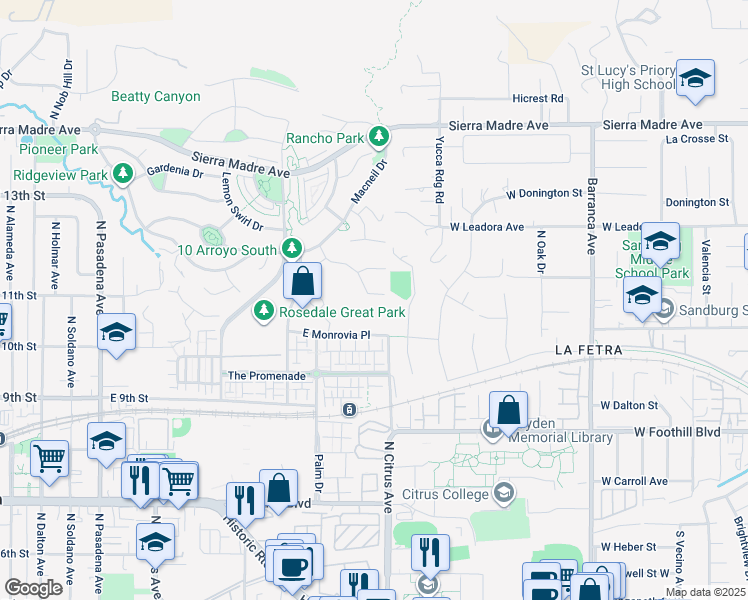 map of restaurants, bars, coffee shops, grocery stores, and more near 878 East Manresa Drive in Azusa