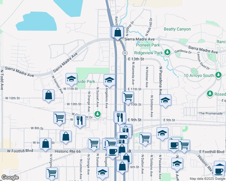 map of restaurants, bars, coffee shops, grocery stores, and more near 1047 North San Gabriel Avenue in Azusa