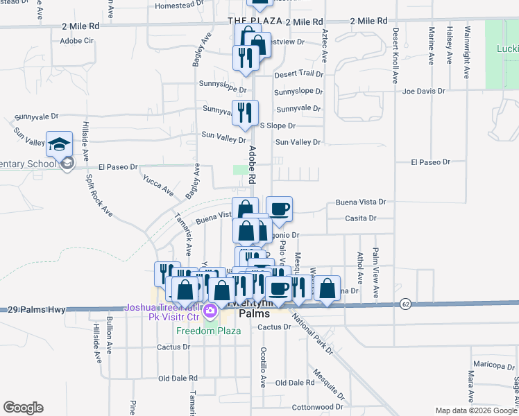 map of restaurants, bars, coffee shops, grocery stores, and more near 6221 Adobe Road in Twentynine Palms
