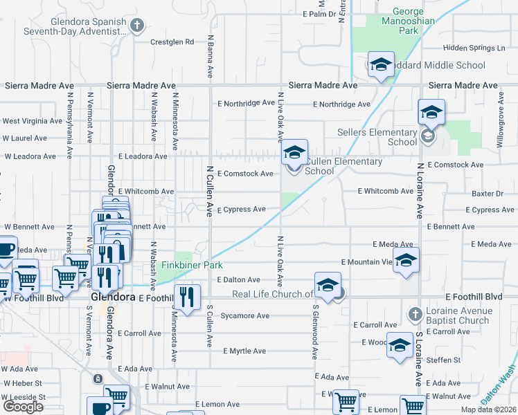 map of restaurants, bars, coffee shops, grocery stores, and more near 615 East Bennett Avenue in Glendora