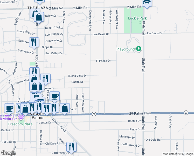 map of restaurants, bars, coffee shops, grocery stores, and more near 6211 Desert Knoll Avenue in Twentynine Palms
