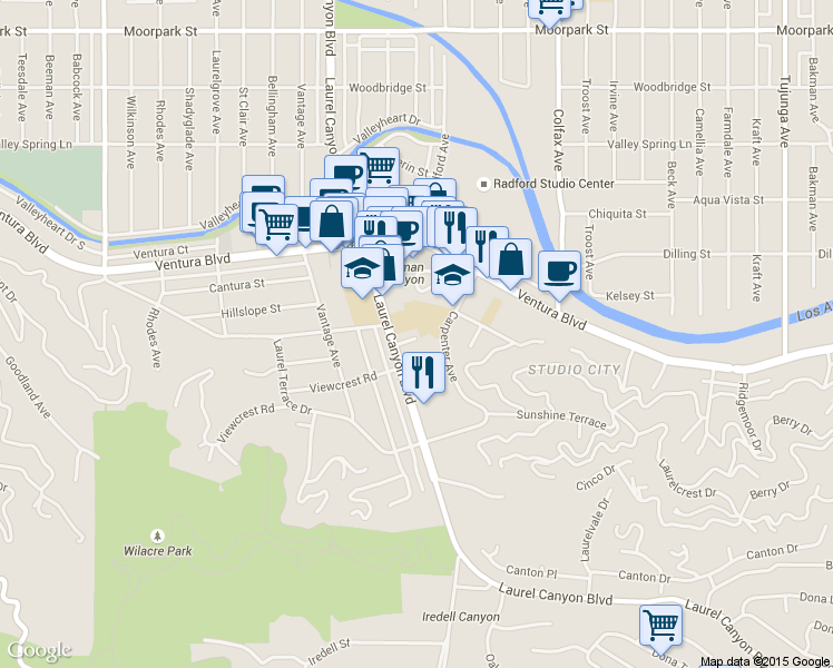 map of restaurants, bars, coffee shops, grocery stores, and more near 3830 Laurel Canyon Boulevard in Los Angeles