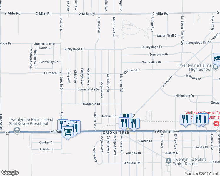 map of restaurants, bars, coffee shops, grocery stores, and more near 72024 Buena Vista Drive in Twentynine Palms