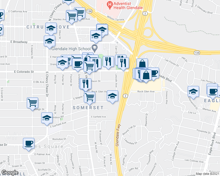 map of restaurants, bars, coffee shops, grocery stores, and more near 1523 Rock Glen Avenue in Glendale