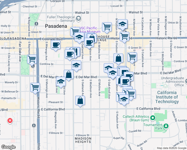 map of restaurants, bars, coffee shops, grocery stores, and more near 601 East Del Mar Boulevard in Pasadena