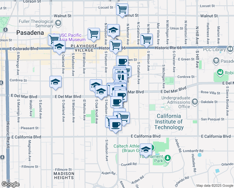 map of restaurants, bars, coffee shops, grocery stores, and more near 283 South Lake Avenue in Pasadena
