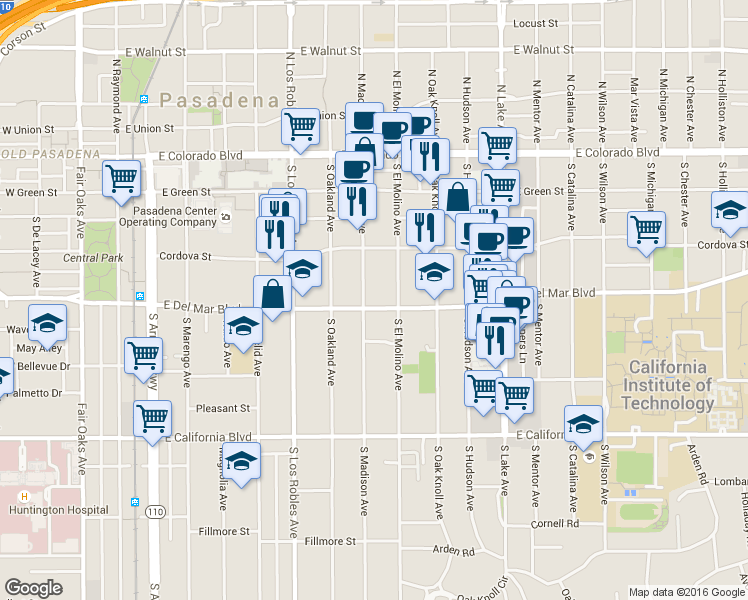 map of restaurants, bars, coffee shops, grocery stores, and more near 343 South Madison Avenue in Pasadena