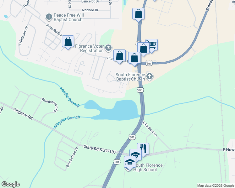 map of restaurants, bars, coffee shops, grocery stores, and more near 312 South Muldrows Lane in Florence