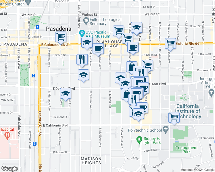 map of restaurants, bars, coffee shops, grocery stores, and more near 625 East Del Mar Boulevard in Pasadena
