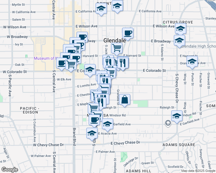 map of restaurants, bars, coffee shops, grocery stores, and more near 511 East Chestnut Street in Glendale