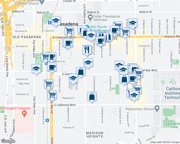 map of restaurants, bars, coffee shops, grocery stores, and more near 475 East Del Mar Boulevard in Pasadena