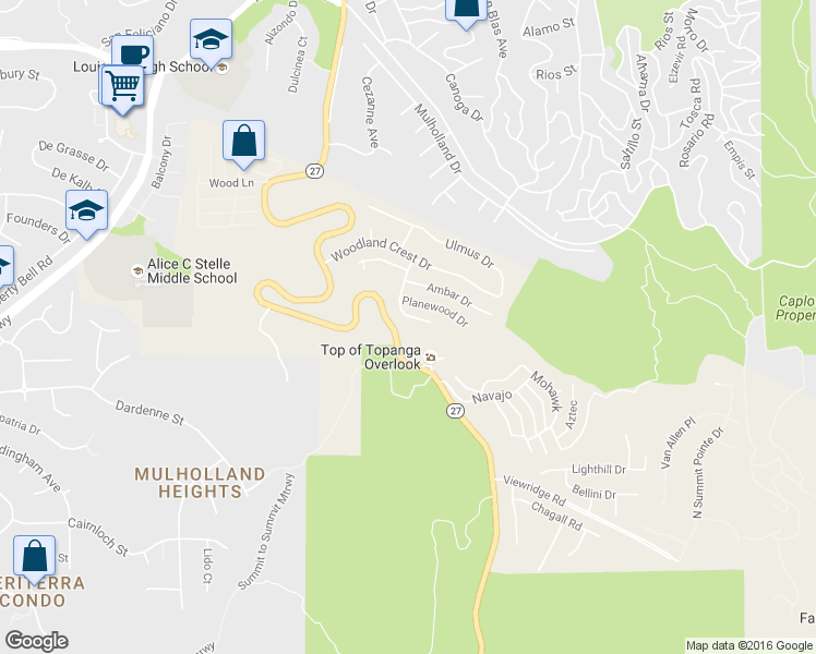 map of restaurants, bars, coffee shops, grocery stores, and more near 3831 Saint Johnswood Drive in Topanga