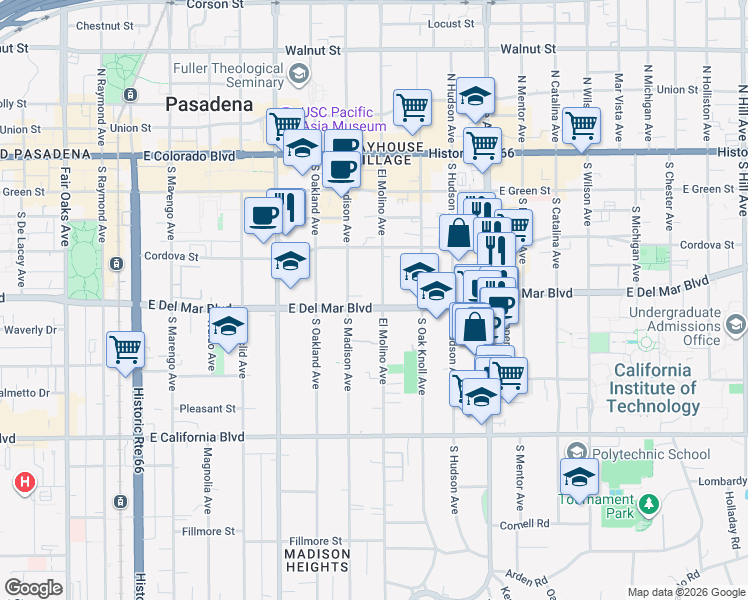 map of restaurants, bars, coffee shops, grocery stores, and more near 625 East Del Mar Boulevard in Pasadena