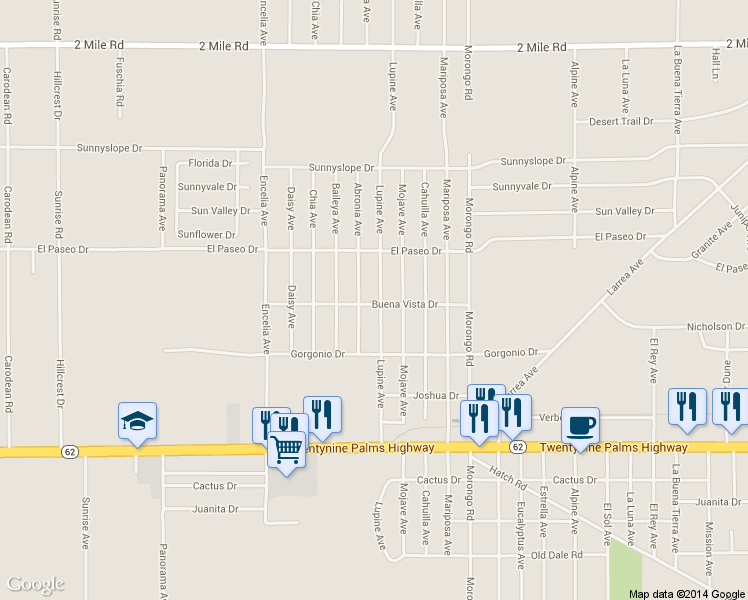 map of restaurants, bars, coffee shops, grocery stores, and more near 6233 Abronia Avenue in Twentynine Palms