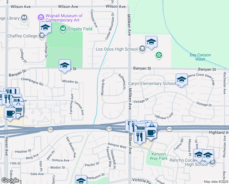 map of restaurants, bars, coffee shops, grocery stores, and more near 11199 Highview Drive in Rancho Cucamonga