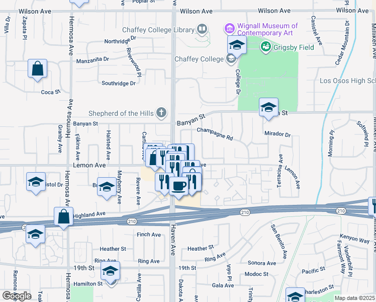 map of restaurants, bars, coffee shops, grocery stores, and more near 6244 Valinda Avenue in Rancho Cucamonga