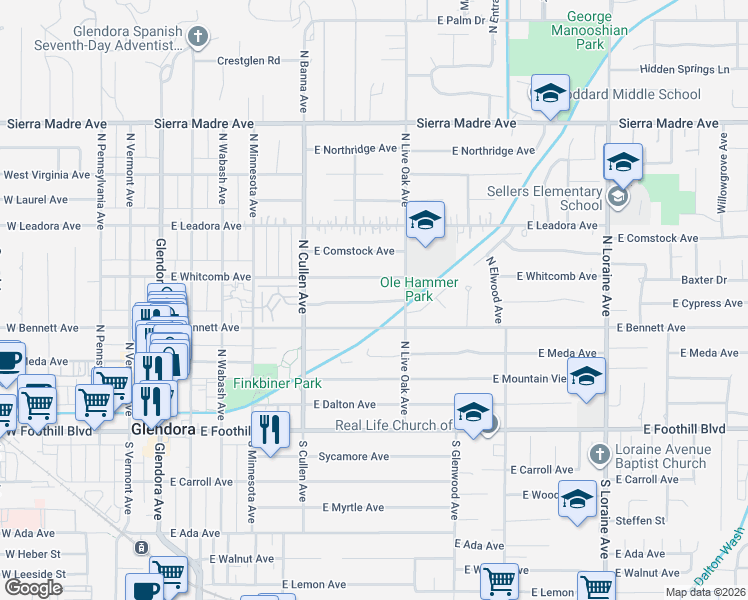 map of restaurants, bars, coffee shops, grocery stores, and more near 615 East Bennett Avenue in Glendora