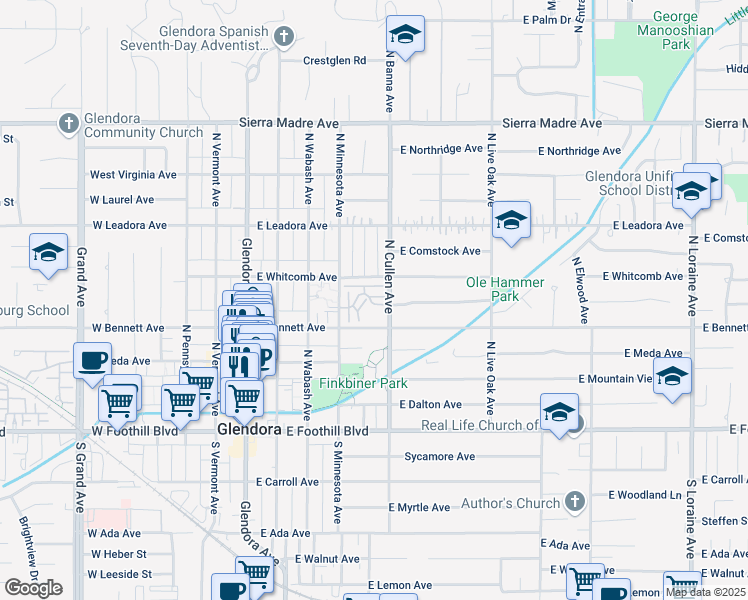 map of restaurants, bars, coffee shops, grocery stores, and more near 503 East Bennett Avenue in Glendora