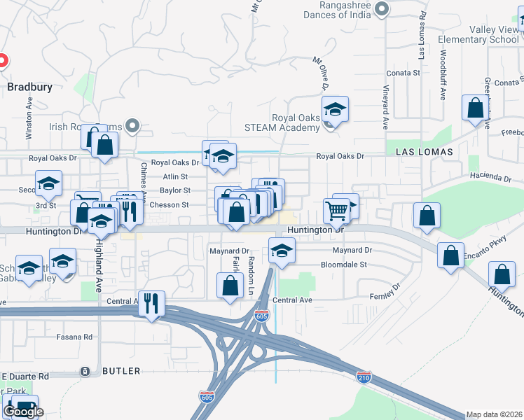 map of restaurants, bars, coffee shops, grocery stores, and more near in Duarte