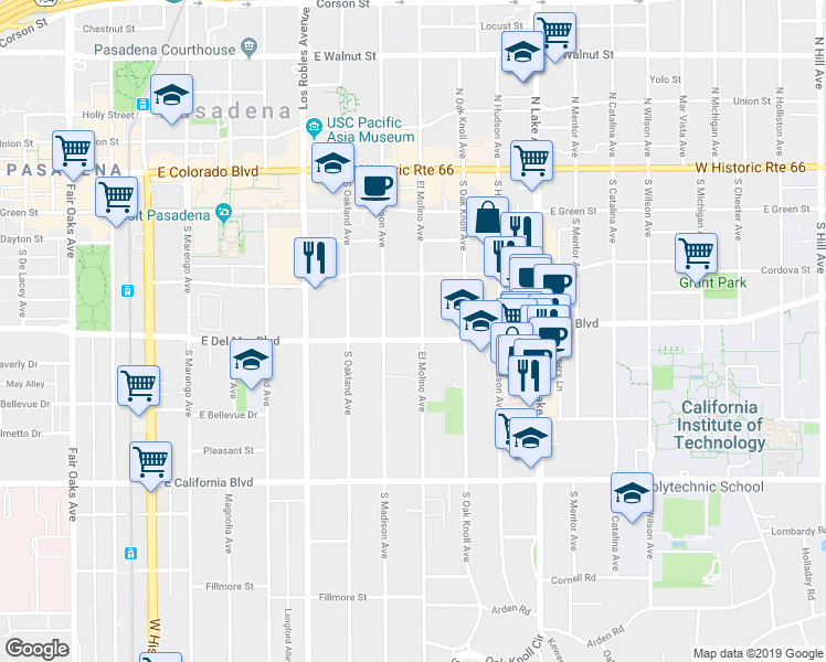 map of restaurants, bars, coffee shops, grocery stores, and more near 335 South El Molino Avenue in Pasadena
