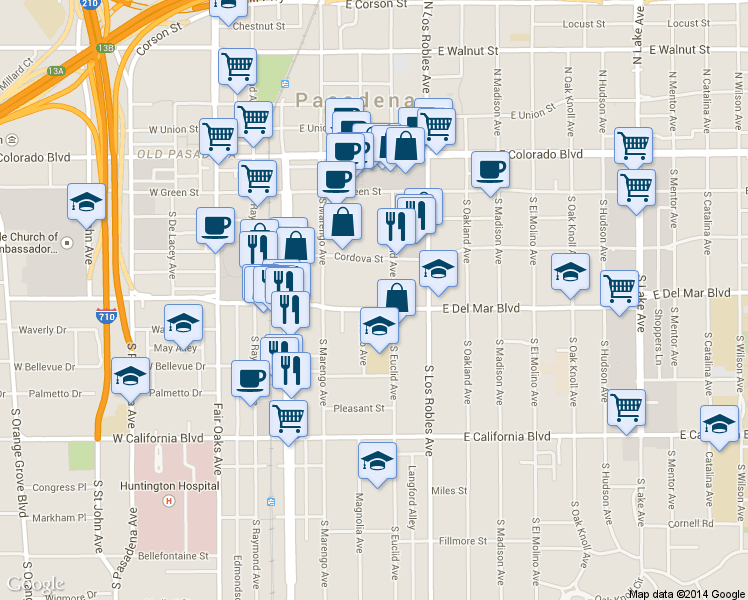 map of restaurants, bars, coffee shops, grocery stores, and more near 350 East Del Mar Boulevard in Pasadena