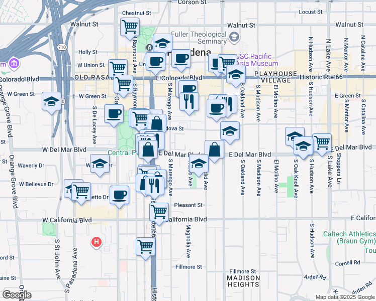 map of restaurants, bars, coffee shops, grocery stores, and more near 284 East Del Mar Boulevard in Pasadena