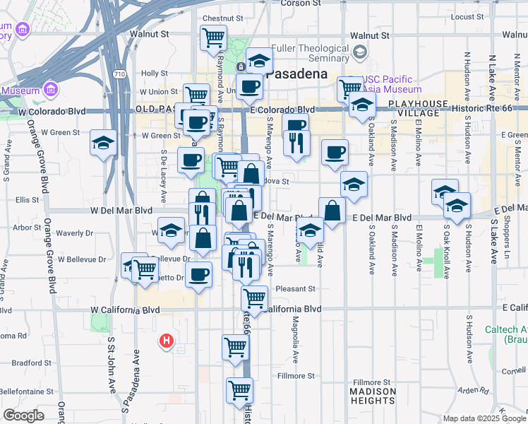 map of restaurants, bars, coffee shops, grocery stores, and more near 332 South Marengo Avenue in Pasadena