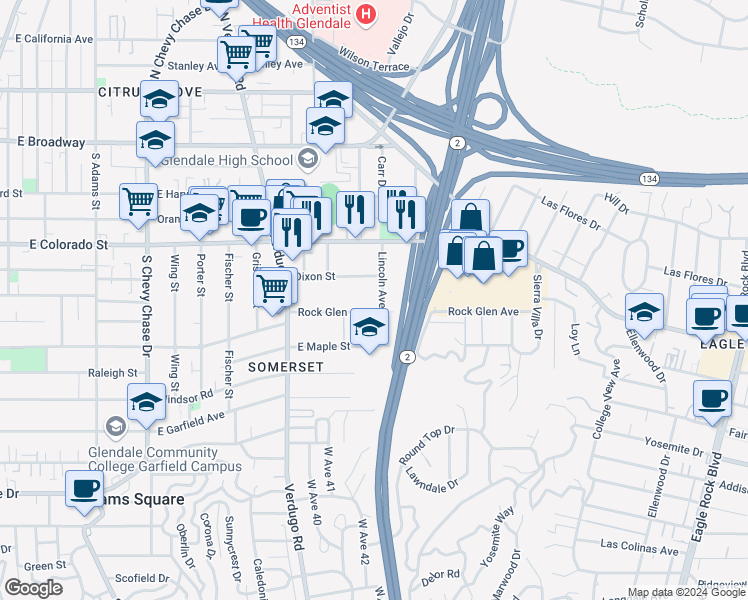 map of restaurants, bars, coffee shops, grocery stores, and more near 1536 Rock Glen Avenue in Glendale