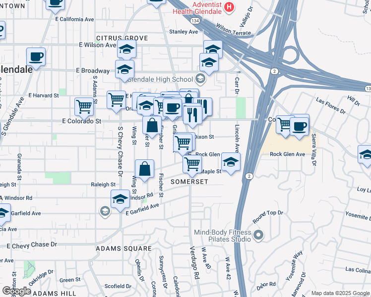 map of restaurants, bars, coffee shops, grocery stores, and more near 520 Griswold Street in Glendale