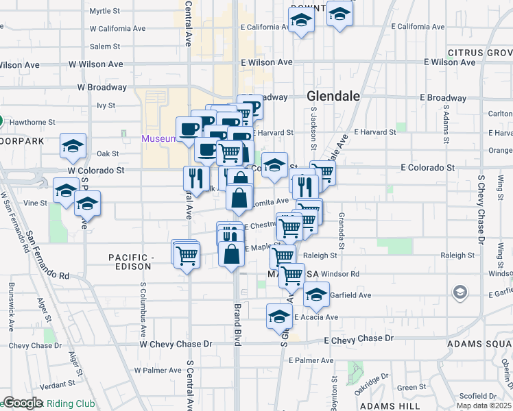 map of restaurants, bars, coffee shops, grocery stores, and more near 115 East Chestnut Street in Glendale