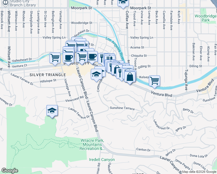 map of restaurants, bars, coffee shops, grocery stores, and more near 3843 Reklaw Drive in Los Angeles