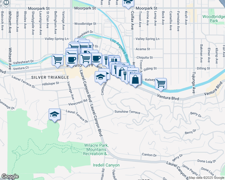 map of restaurants, bars, coffee shops, grocery stores, and more near 3843 Reklaw Drive in Los Angeles