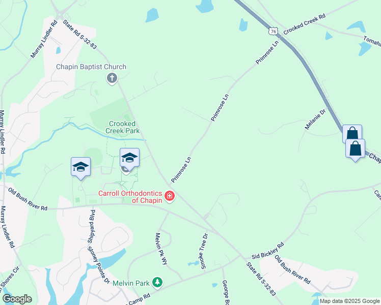map of restaurants, bars, coffee shops, grocery stores, and more near 338 Primrose Lane in Chapin