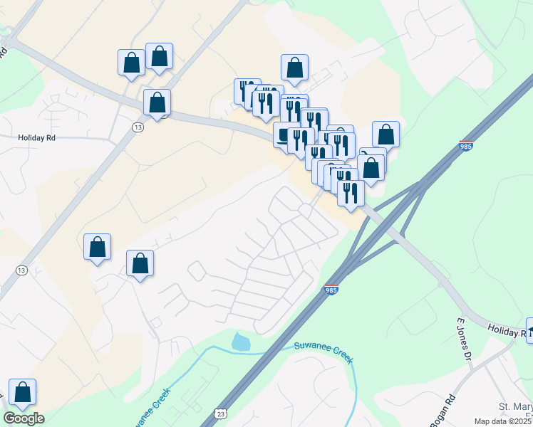 map of restaurants, bars, coffee shops, grocery stores, and more near 5104 Persimmon Chase in Buford