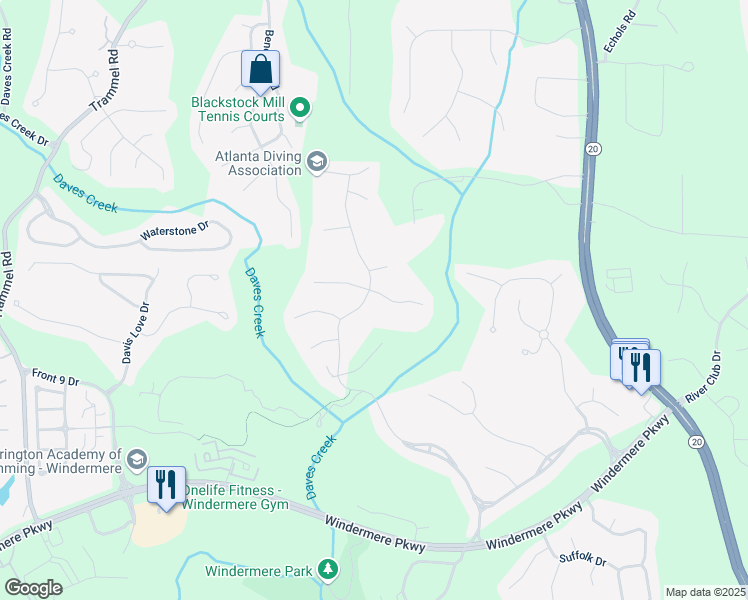 map of restaurants, bars, coffee shops, grocery stores, and more near 2400 Gants Hill Place in Cumming